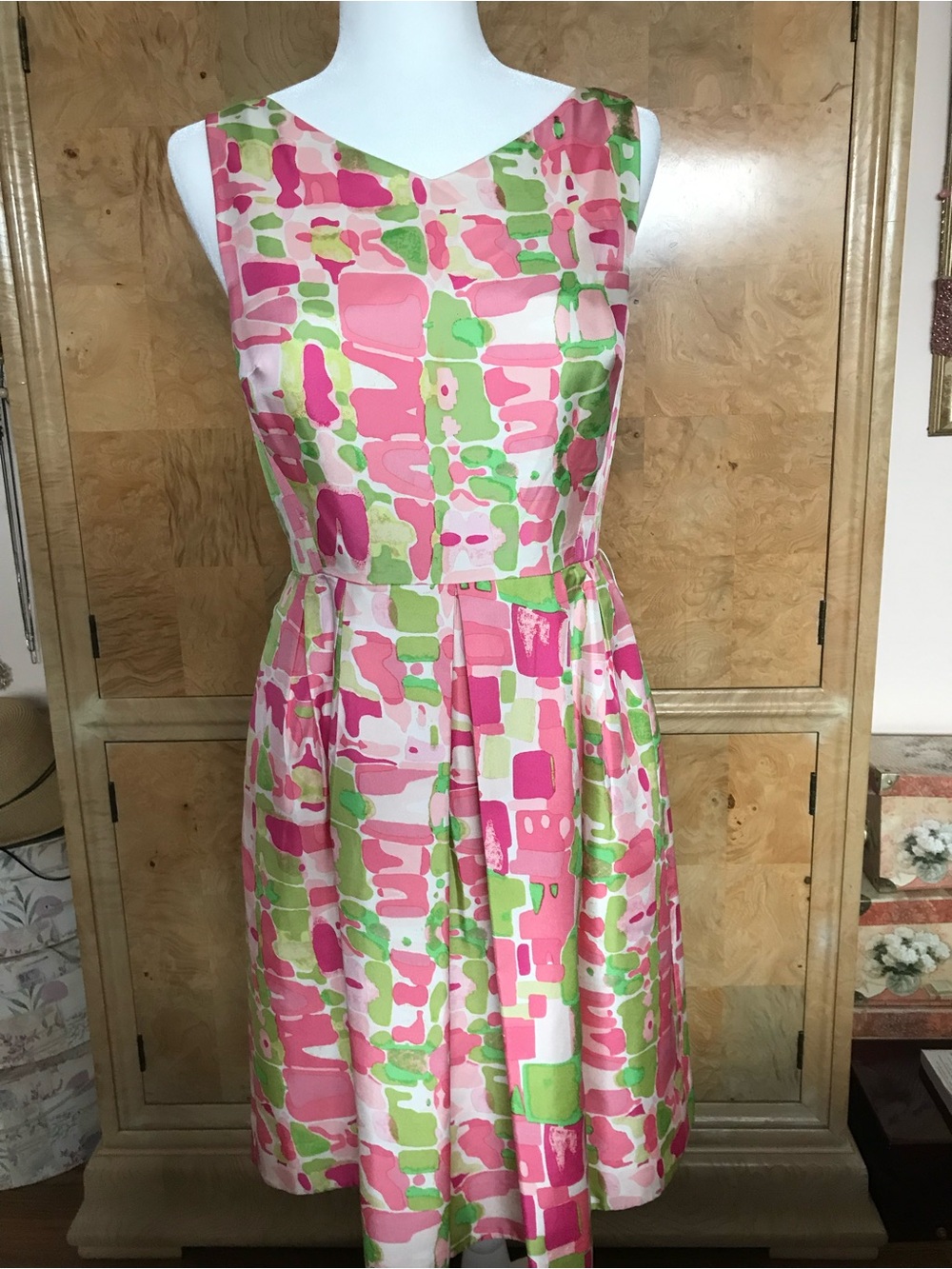 Kay Unger Pink & Green Abstract Print Midi Dress